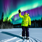 A person standing in a vast, snow-covered landscape under a vibrant, swirling aurora borealis in the night sky. The individual is wearing a thick, fully zipped, professional-grade Arctic parka, insulated pants, waterproof gloves, a warm hat, and sturdy winter boots, all fully clothed and modest. A serene frozen lake or snow-laden pine trees are in the background, illuminated by the ethereal green and purple glow of the Northern Lights. The pose is natural, looking up at the sky in wonder. Perfect anatomy, correct proportions, well-formed hands, proper finger count, natural body proportions, professional photography, high resolution, detailed, realistic, sharp focus, stunning light, cinematic, breathtaking, safe for work, appropriate content, fully clothed, family-friendly.