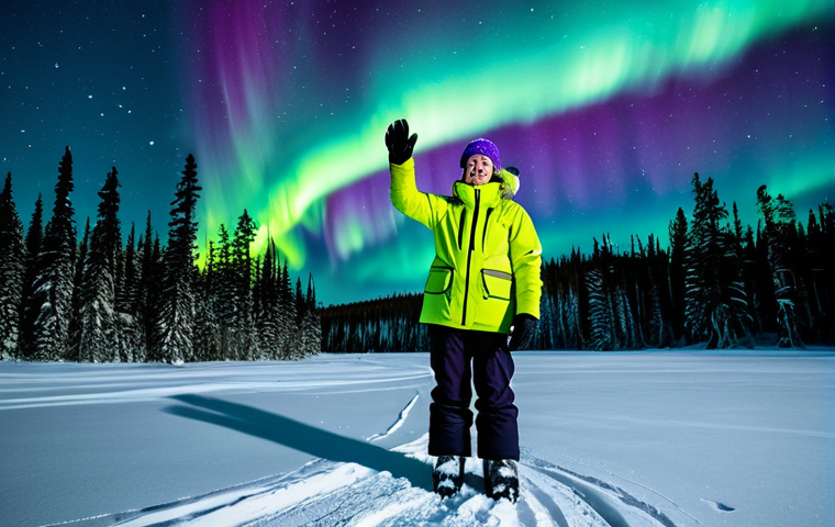 A person standing in a vast, snow-covered landscape under a vibrant, swirling aurora borealis in the night sky. The individual is wearing a thick, fully zipped, professional-grade Arctic parka, insulated pants, waterproof gloves, a warm hat, and sturdy winter boots, all fully clothed and modest. A serene frozen lake or snow-laden pine trees are in the background, illuminated by the ethereal green and purple glow of the Northern Lights. The pose is natural, looking up at the sky in wonder. Perfect anatomy, correct proportions, well-formed hands, proper finger count, natural body proportions, professional photography, high resolution, detailed, realistic, sharp focus, stunning light, cinematic, breathtaking, safe for work, appropriate content, fully clothed, family-friendly.