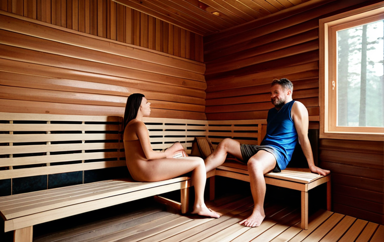 핀란드 생활 팁 및 문화 차이 - **Sauna Scene:** "A group of fully clothed friends, appropriate attire, enjoying a traditional Finni...