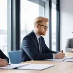 Home 15 핀란드에서 직장 구하기 어려운 이유 - **Prompt**: A diverse person (wearing business casual attire) sitting at a minimalist, modern desk i...