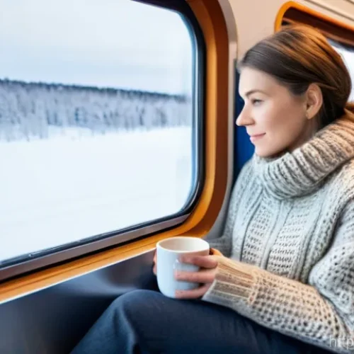 Home 25 핀란드 기차 여행 루트 - **Prompt 1: Enchanting Finnish Winter Train Journey**
A serene and picturesque scene inside a mo...