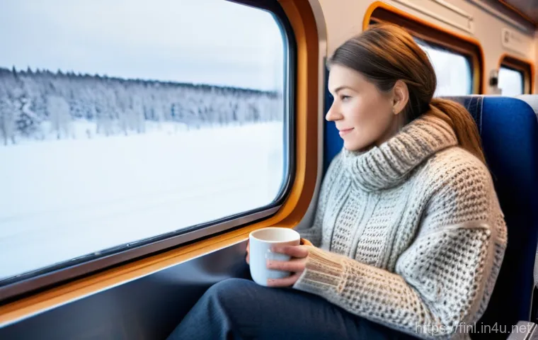 핀란드 기차 여행 루트 - **Prompt 1: Enchanting Finnish Winter Train Journey**
A serene and picturesque scene inside a mo...