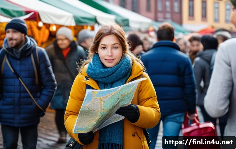 핀란드 소매치기 예방 방법 - A bustling outdoor market in Helsinki, Finland, during the daytime. A female tourist in her late 20s...