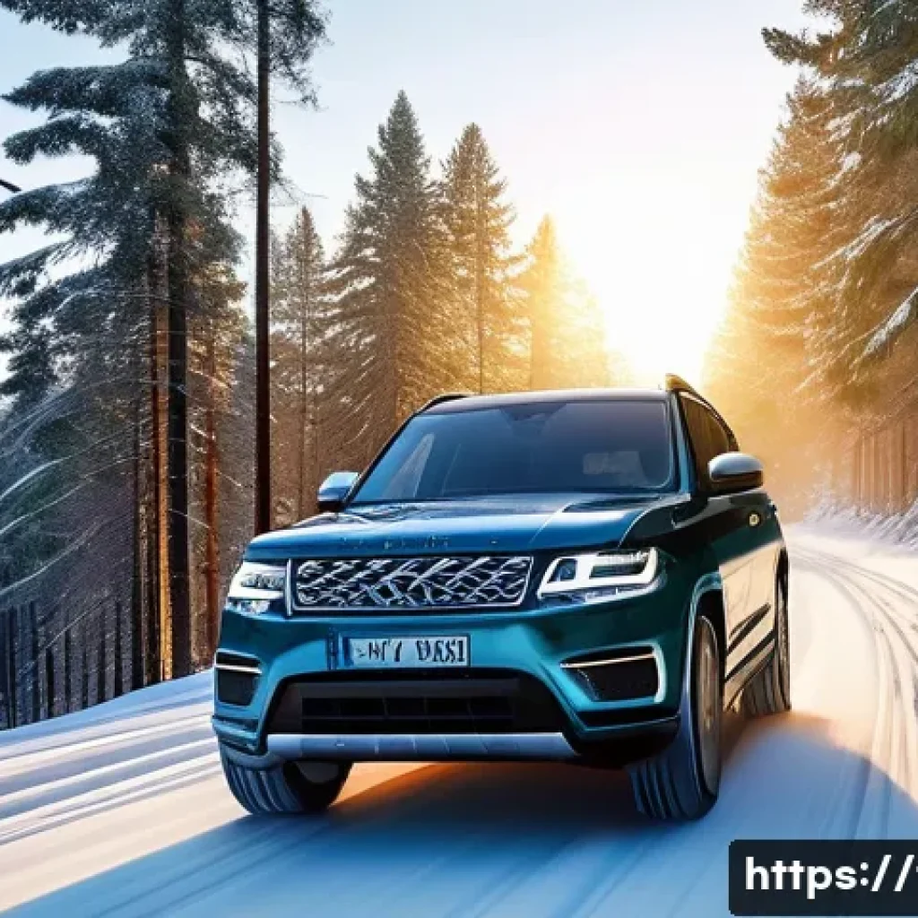 핀란드 겨울철 자동차 운전 팁 - **Image Prompt 1:** A modern SUV, equipped with clearly visible studded winter tires, navigates a wi...