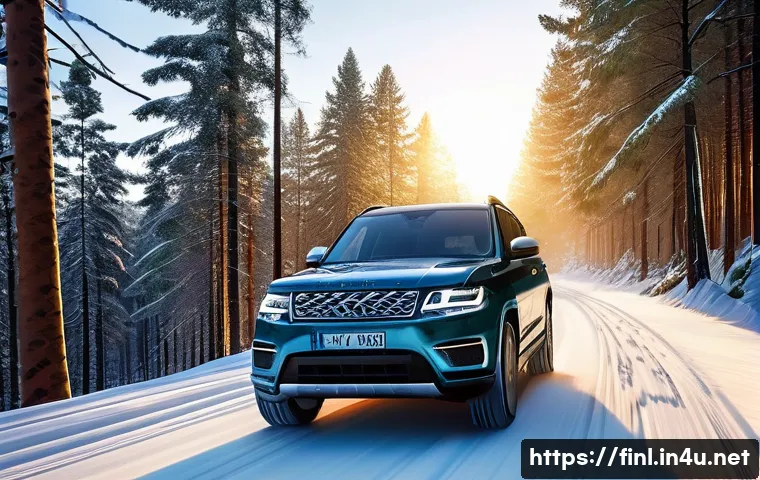 핀란드 겨울철 자동차 운전 팁 - **Image Prompt 1:** A modern SUV, equipped with clearly visible studded winter tires, navigates a wi...